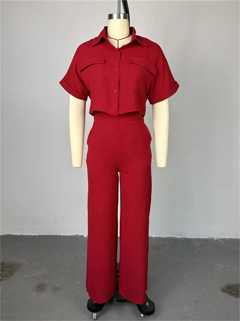Women's Two-piece Set Spring Summer New Style Lapel Short-sleeved Shirt High Waist Wide Leg Trousers Casual Suit Women Clothing