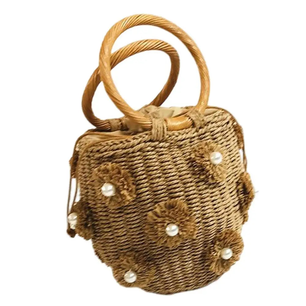 Flower Rattan Bag Woven Tote Bag With Flower Pearl Straw Beach Bag In Bucket Shape For Parties Shopping Travel Camping Hiking