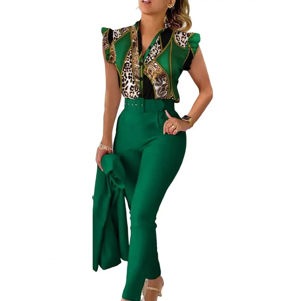 Women Shirt Trousers Set Elegant Women's Office Wear Set with V Neck Top High Waist Pants Belt Chic Color Matching Slim for Work