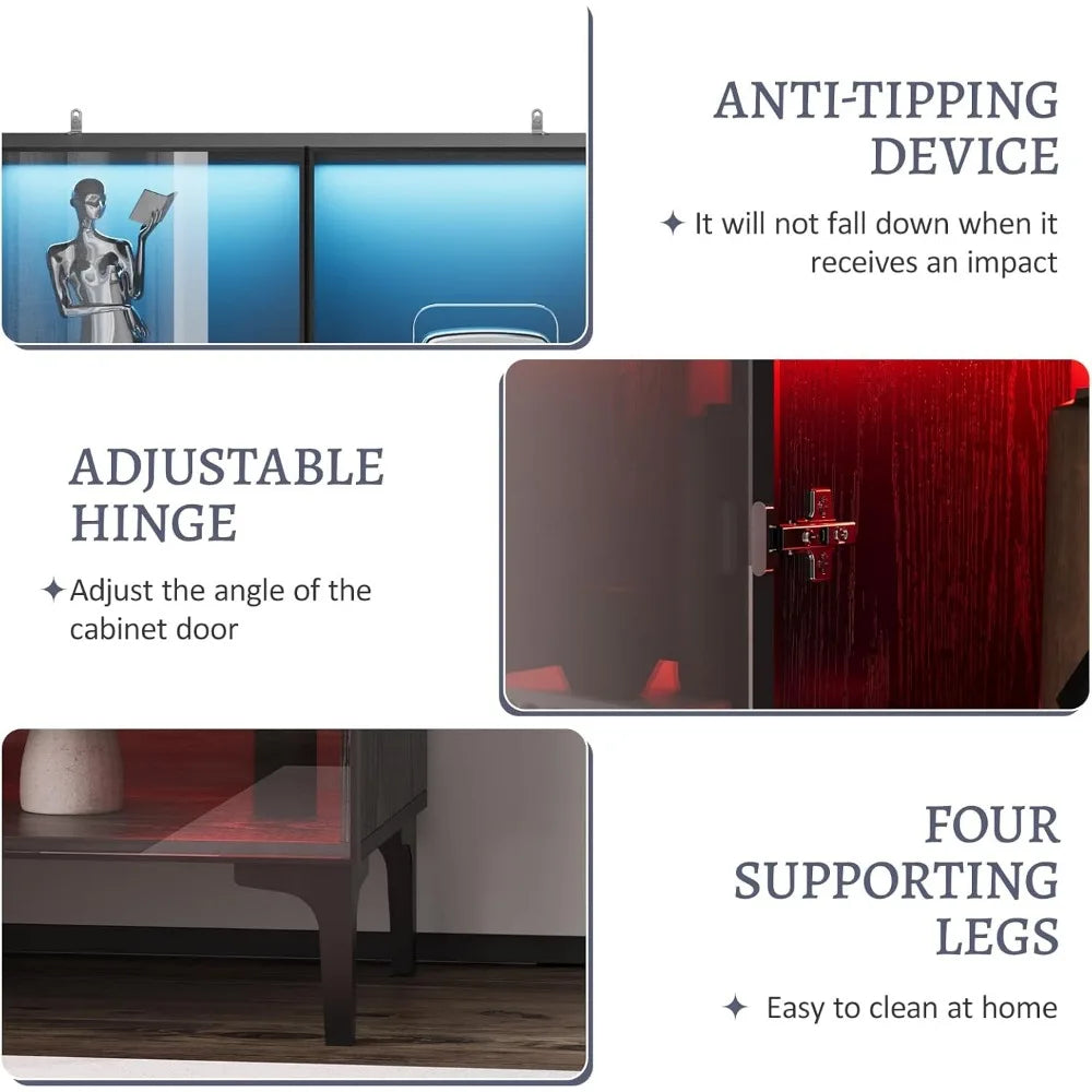 Glass Display Cabinet with Led Lights, Display Cabinet with Glass Doors with Shelves of Different Heights, Glass Curio Cabinet