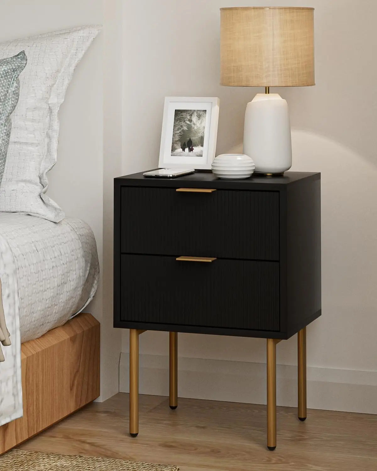 Nightstand,Small Bedside Table With Gold Frame,White Night Stand,Bedside Furniture,Side Table With Drawer And Shelf For