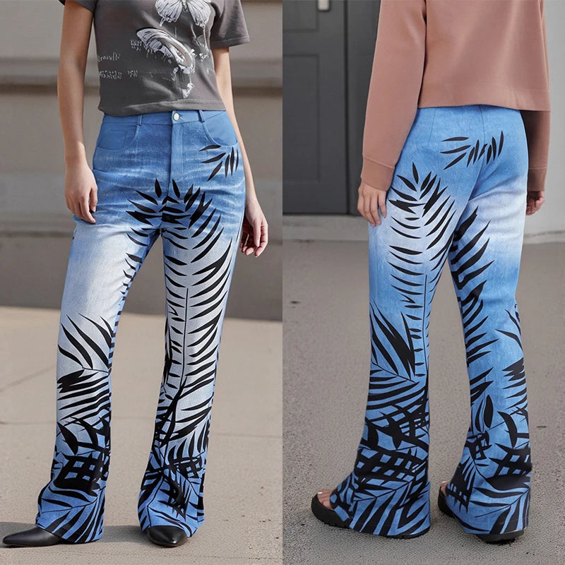 Puloru Stylish Floral Print Blue Flared Pants with Pockets Women's Mid-Rise Casual Slim Fit Bell-Bottoms Long Trousers Plus Size