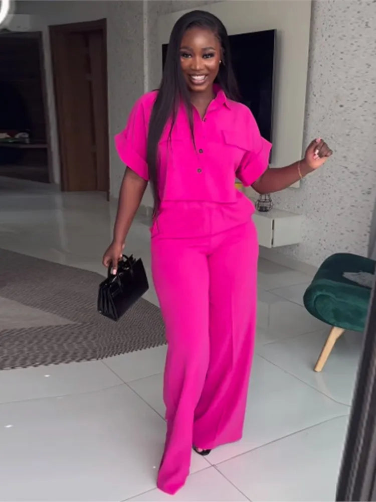 Women's Two-piece Set Spring Summer New Style Lapel Short-sleeved Shirt High Waist Wide Leg Trousers Casual Suit Women Clothing