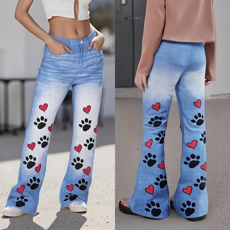 Puloru Stylish Floral Print Blue Flared Pants with Pockets Women's Mid-Rise Casual Slim Fit Bell-Bottoms Long Trousers Plus Size