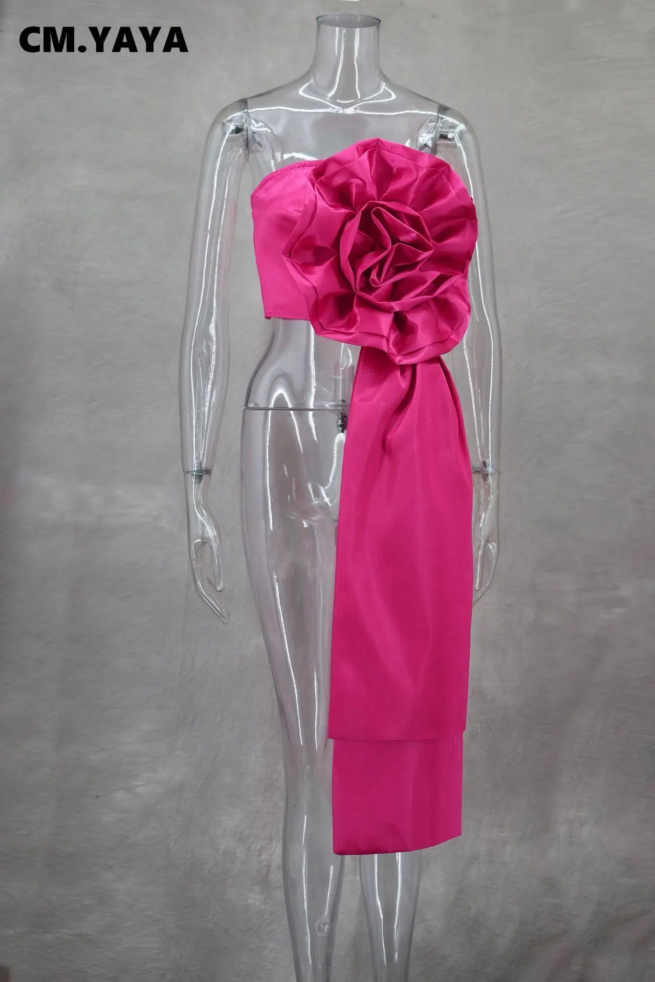 CM.YAYA Women Fashion 3D Flower Applique Strapless Side Crop Top 2025 Summer Vintage Streetwear INS Asymmetrical Tee Tops