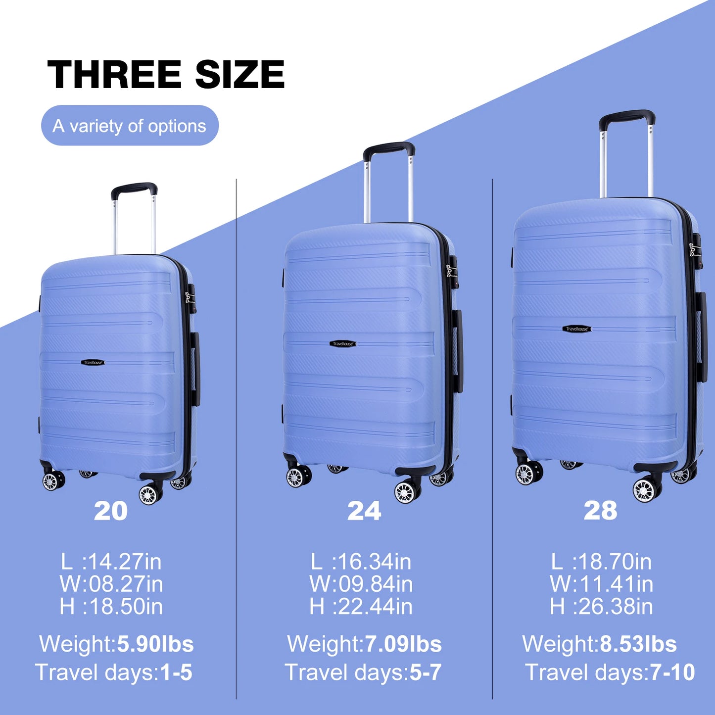 Travelhouse hardshell 3 Piece Set, PP Hard Wheel Suitcase Set with Spinner Wheels, TSA Lock, 20“24”28“