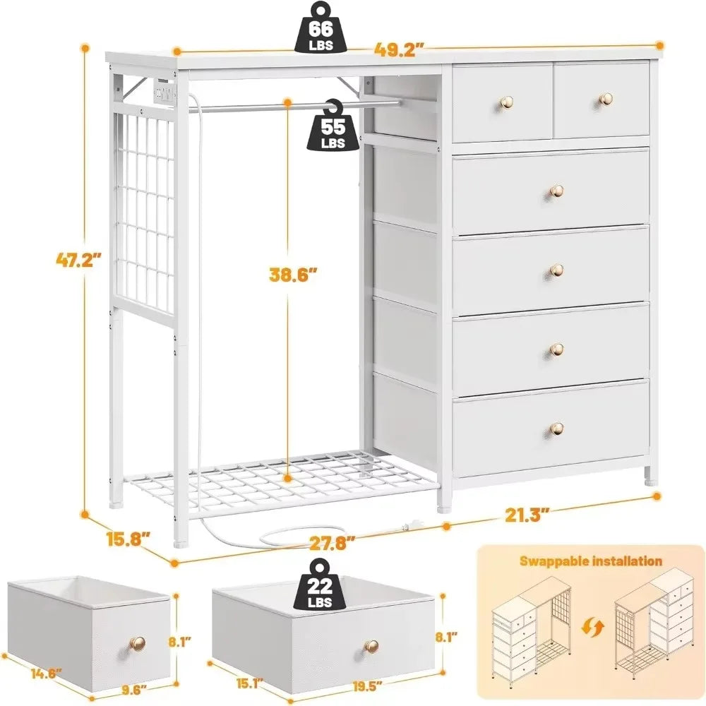 49.2" W White Dresser for Bedroom with Hanging Rack,6 Drawer Dresser with LED Lights & Charging Station, Fabric Dressers