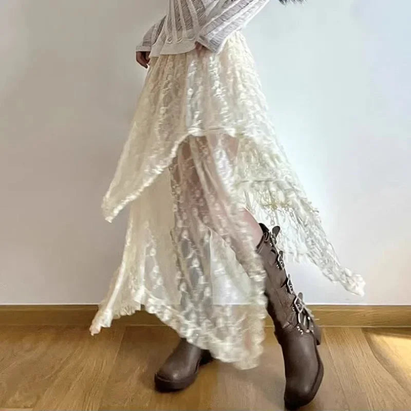 Lace Asymmetrical Skirt Women Vintage Y2K Boho Aesthetic Fashion High Waist Mid Skirts Summer Ladies Holiday Outfits