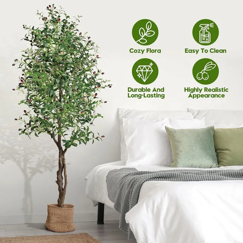 Artificial Olive Tree, Tall Faux Silk Plant Artificial Tree in Indoor Potted Oliver Branch Leaves and Fruits