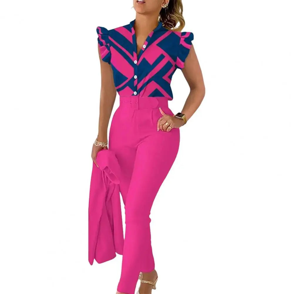 Women Shirt Trousers Set Elegant Women's Office Wear Set with V Neck Top High Waist Pants Belt Chic Color Matching Slim for Work