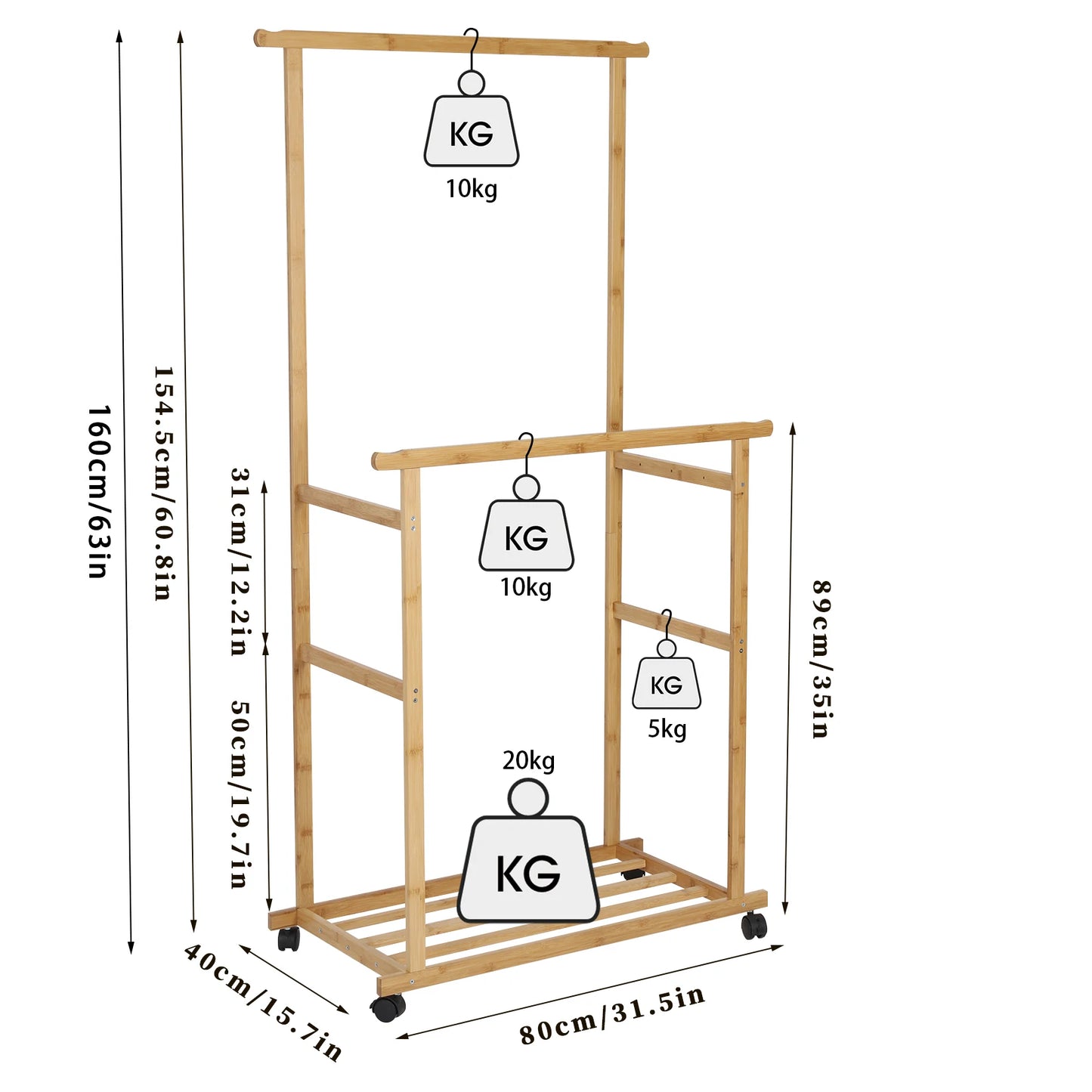 Heavy Duty Clothes Rail Double Layer Garment Hanging Display Stand Rack Wardrobe with Rolling Wheel