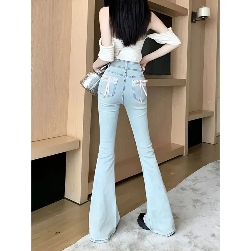 Spring Autumn Spicy Girl Bow Micro Flared Jeans Women's Petite High Waisted Slimming Elastic Horse Leggings Straight Leg Trouser