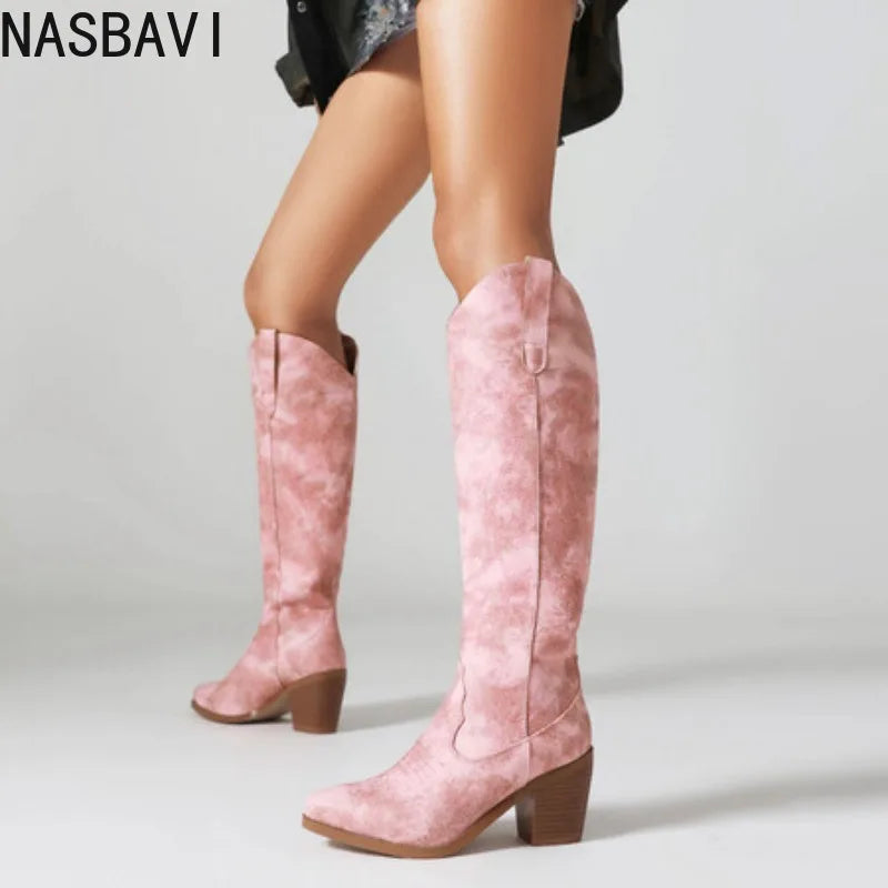 Western Women's Winter Knee High Boots Fashion Embroidery Cowboy Cowgrils Boot Wedges Heel Red Party Shoes Ladies Large Size 40