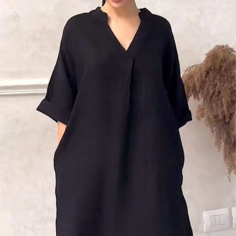 Fashion Cotton And Linen Women's V-neck Loose Dress 2025 Spring And Summer Solid Color Casual Short Sleeved Pocket Midi Dresses