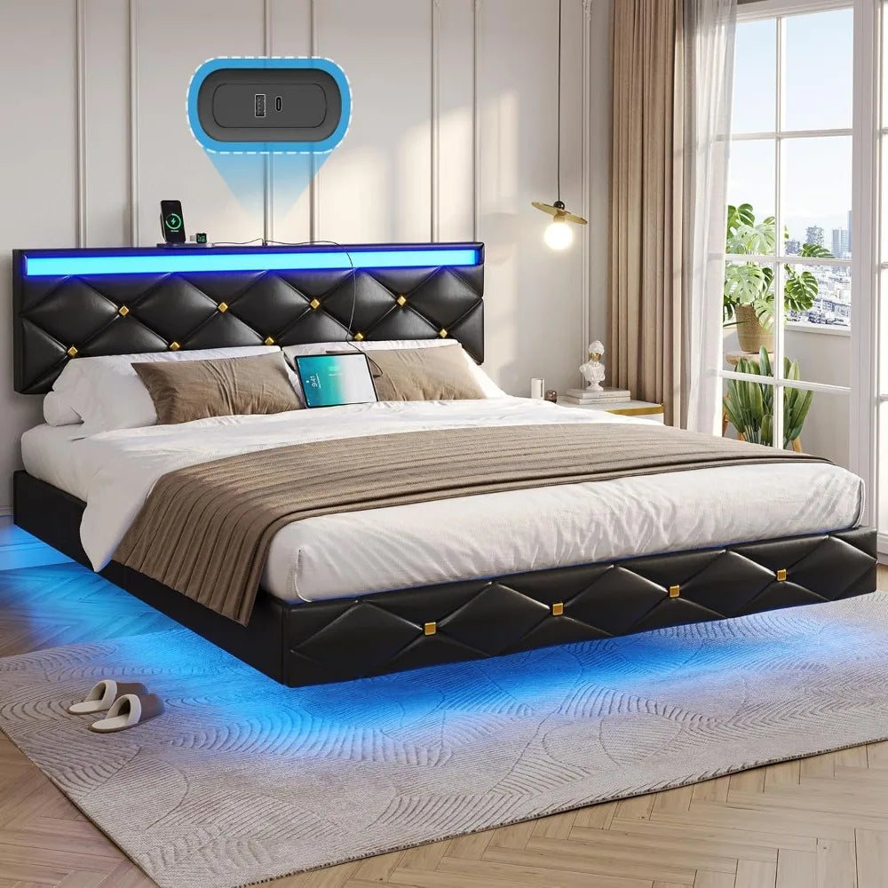 Floating Bed Frame King Size with LED Lights and Charging Station, Modern King Platform Bed with Vegan Leather Upholstered
