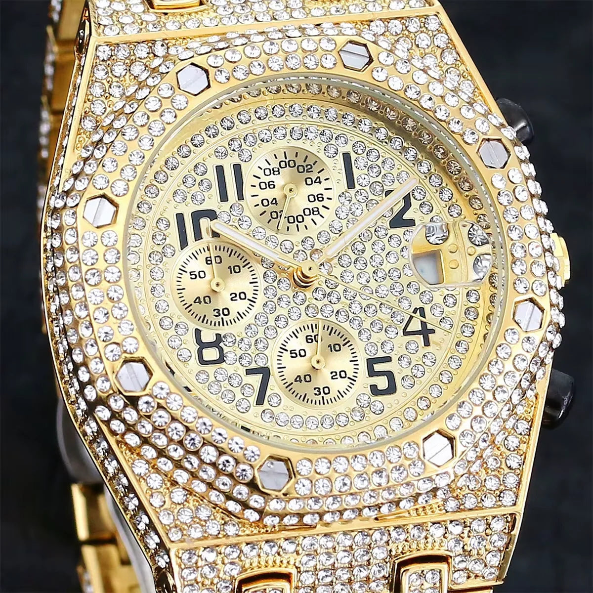 Bubble Letter Bust Down Date Chronograph Man Iced Out Watch Relogio Masculio