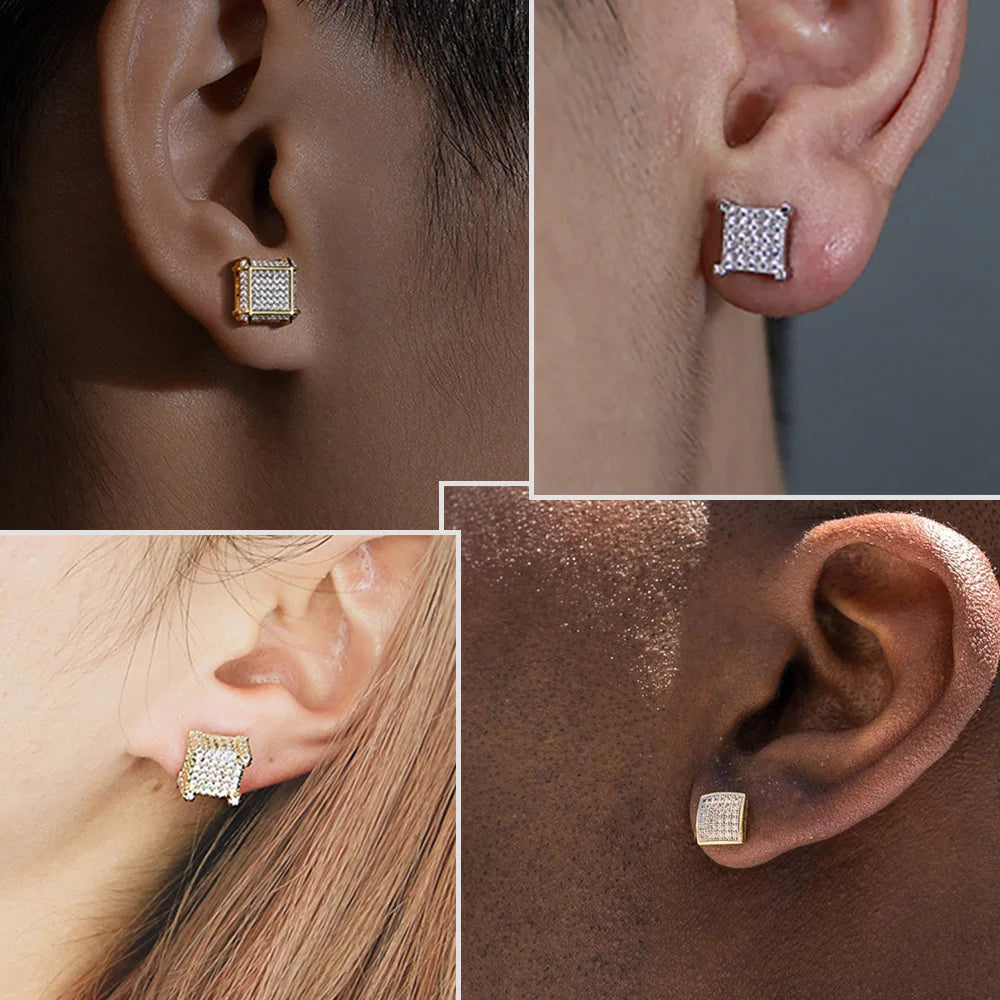 Hip Hop Ice Studded Earrings For Men Male Trend Cubic Zirconia Piercing Hiphop Gold Color Square Earring Jewelry Accessories