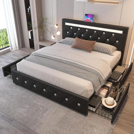 Queen Bed Frame with 4 Drawers and Charge Station, Adjustable LED Headboard, Wooden Slats Support, PU Leather Upholstered Bed