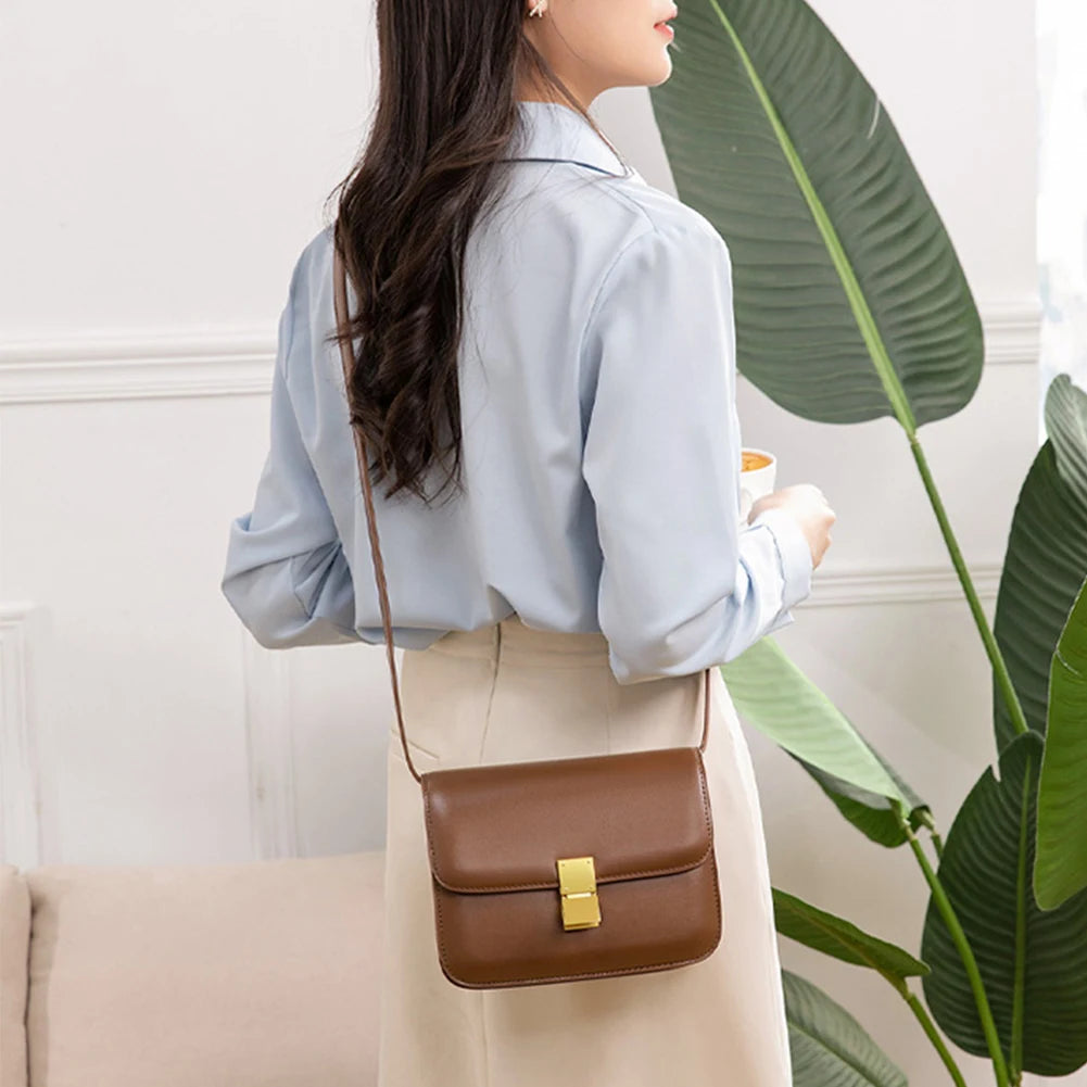 Leather Shoulder Bag for Women Small Square Bag Metal Lock Fashion Messenger Bag Luxury Designer Handbag Casual Commuting Bag