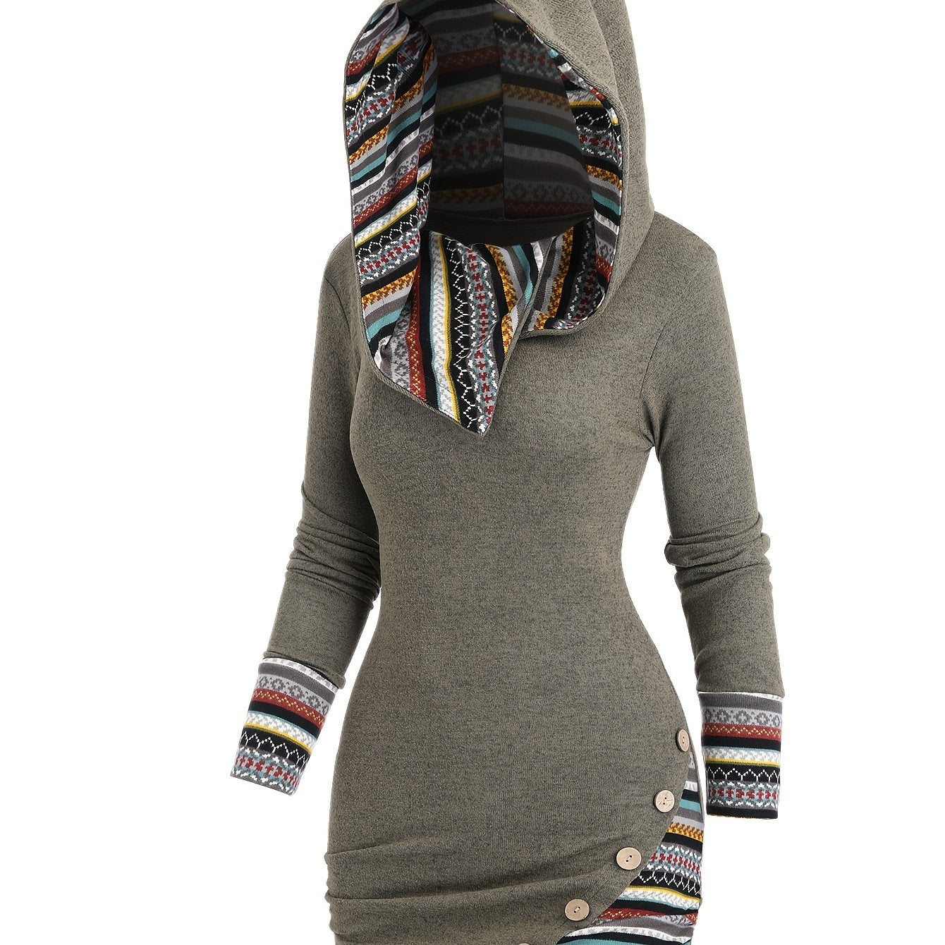 [Tribal Hooded Dress] Polyester Women's Tribal Geometric Stripe Patchwork Hooded Knit Dress | Long Sleeve Bodycon, Casual Style, 95% Polyester 5% Spandex, All Season, 240g/m² Knit Fabric, with Fake Buttons Detail