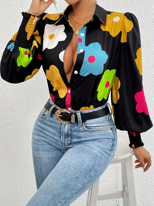 Women'S Floral Print Button-Front Blouse with Puffed Sleeves & Back Pleats - Elegant Long Sleeve Shirt for Spring Summer Fall, Black with Multicolor Flowers, Classic Collar, Faux Button Detailing