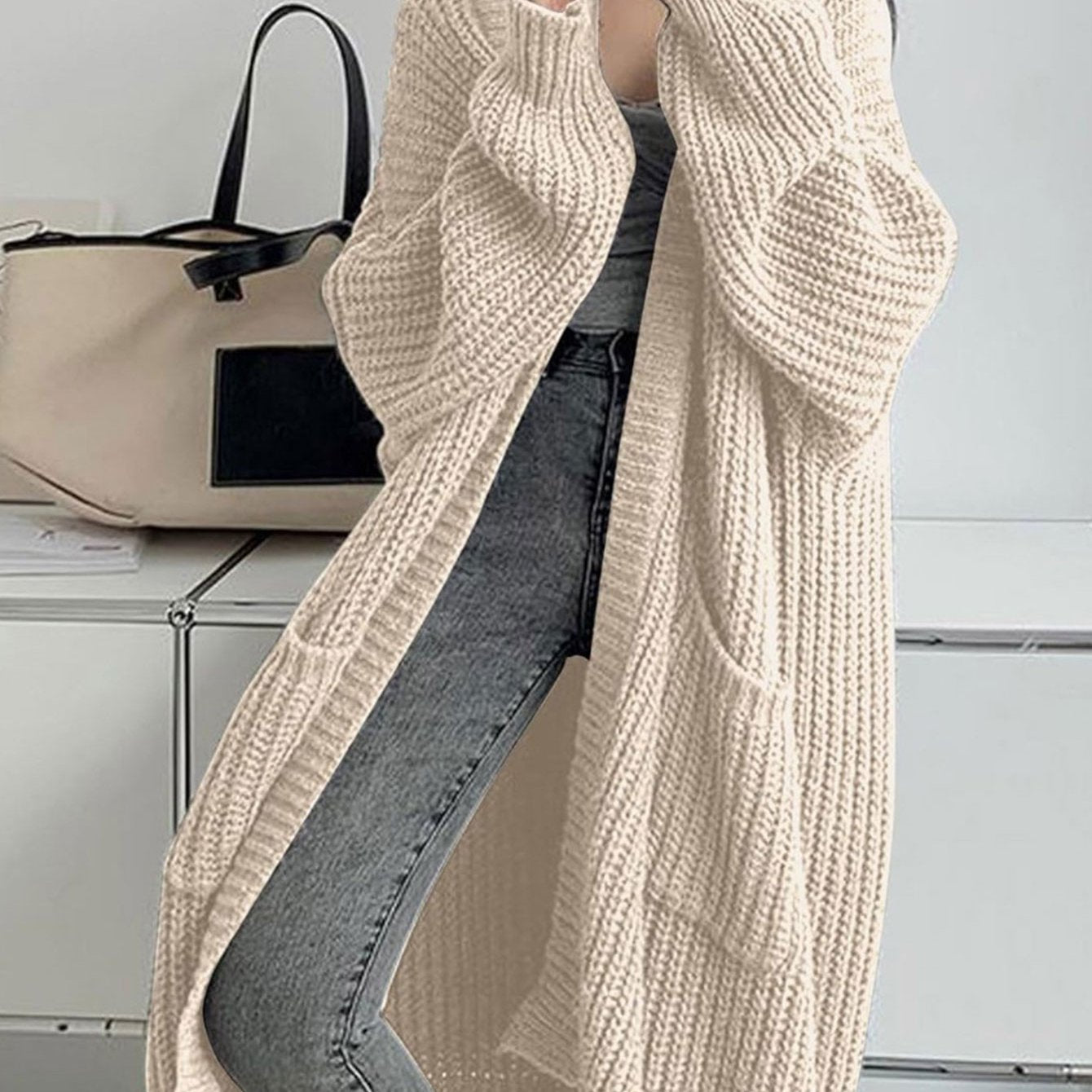 2025 Women'S Casual Long Sleeve Open Front Sweaters with Pockets in Plain Rib for Autumn, Long Cardigan For Women, Women'S Cardigan, Winter Clothe For Women, Fall Clothe For Women, Top For Women