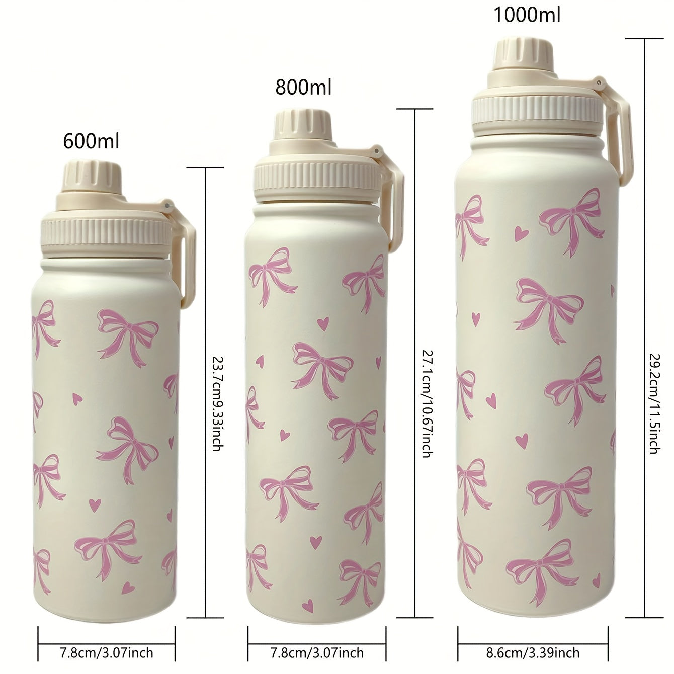 1pc 600ml/800ml/1000ml Pink ins style large bow double-layer stainless steel thermal cup, straight drinking mouth large capacity water bottle, outdoor sports kettle, flat bottom cup, water cup, teapot, tea cup, fitness exerci