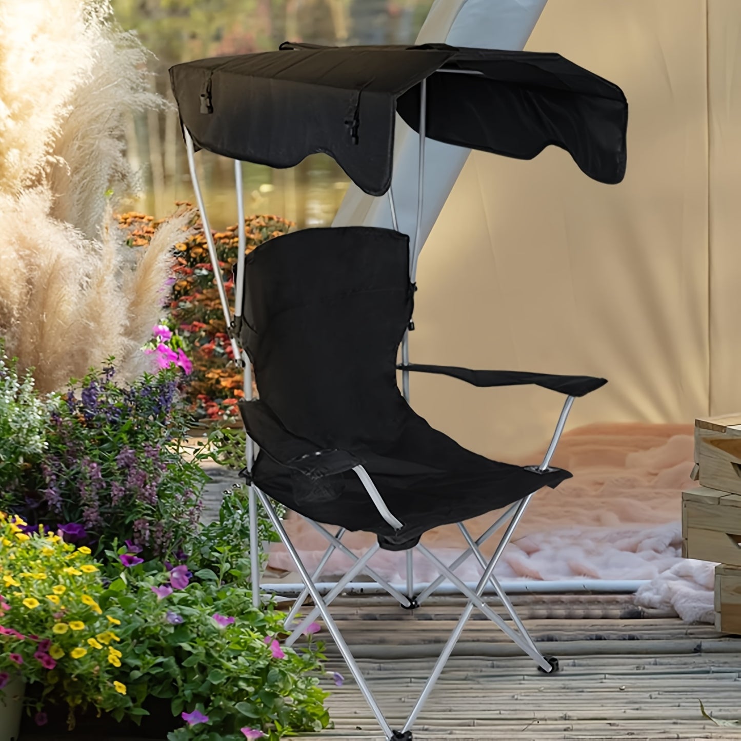 YSSOA Foldable Canopy Lounge Chair with Sunshade & Cup Holder for Camping, Hiking, Travel - Black, 21.6" x 21.6" x 36", Breathable Fabric, Sturdy Iron Frame, Outdoor Comfort