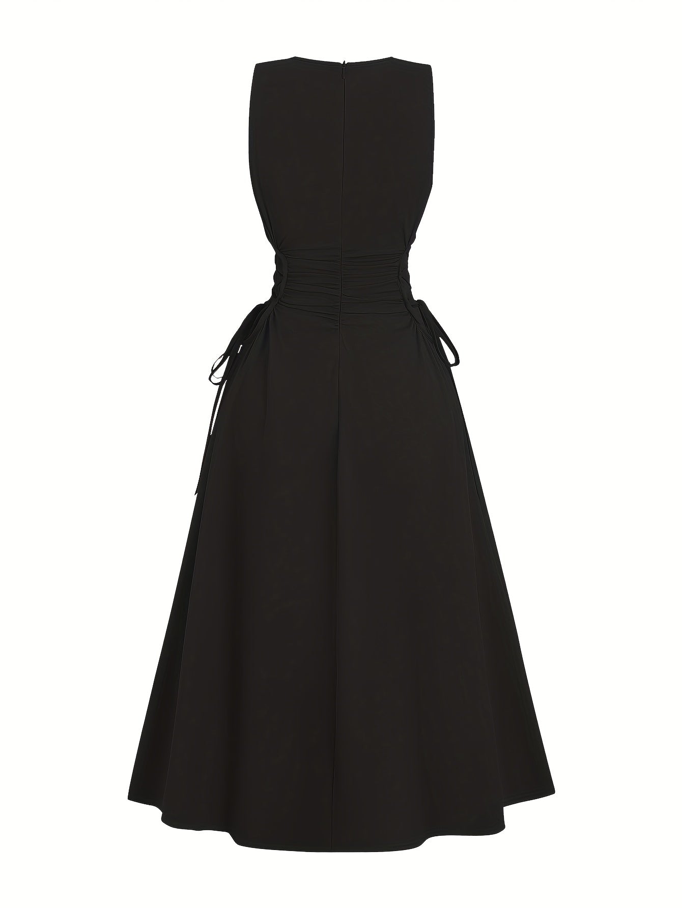 Halloween Elegant Navy Blue A-Line Dress for Women - Sleeveless, Cinched Waist with Tie Detail, Ruffled Hem, Perfect for Spring/Summer/Fall, Casual Elegant Wear | Sleeveless Dress | Cinched Waist Design
