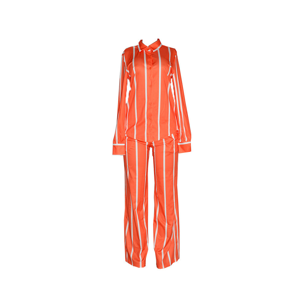 [Two-piece Set Long Sleeve Shirt] Striped Print Two-piece Set, Button Front Collar Long Sleeve Shirt & High Waist Wide Leg Loose Pants Set, Women's Clothing