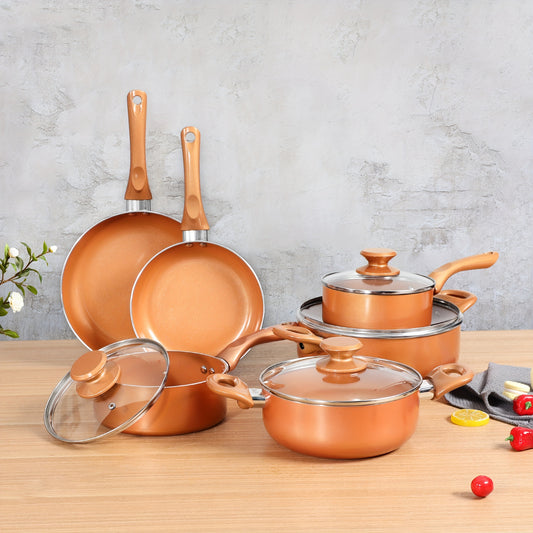 YOUKADA 10pcs Nonstick Cookware Set with Lids - Aluminum, Ceramic, Induction & Gas Stovetop Compatible, Oven Safe, Ideal for Family Meals, Includes Frying Pans, Saucepans & More, Family Meal Essentials|Sleek Cookware Set|Dura