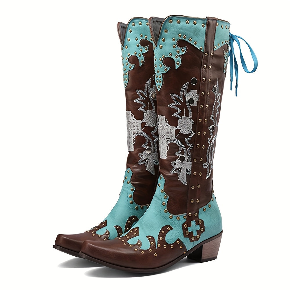 [Vintage Floral Cowboy Boots] Vintage Floral Embroidered Women's Knee-High Cowboy Boots | Square Toe Chunky Mid-Calf Heel, Turquoise & Brown PU Cover Western Boots with Rubber Sole, All-Season Casual Wear