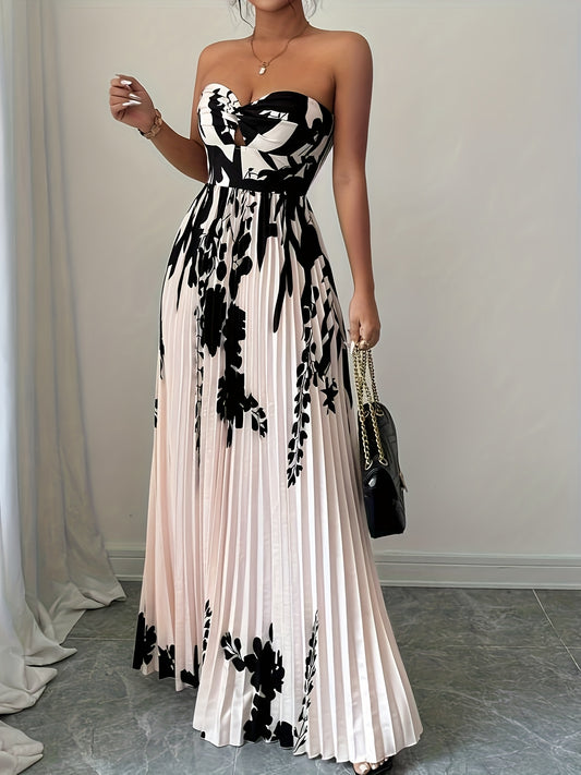 Women's Twisted Print Pleated Swing Dress - Long Casual Vacation Elegant Maxi Dress with Waist Tie, Color Block Splicing and Ruched Hem, Stylish Versatile Holiday Outfit