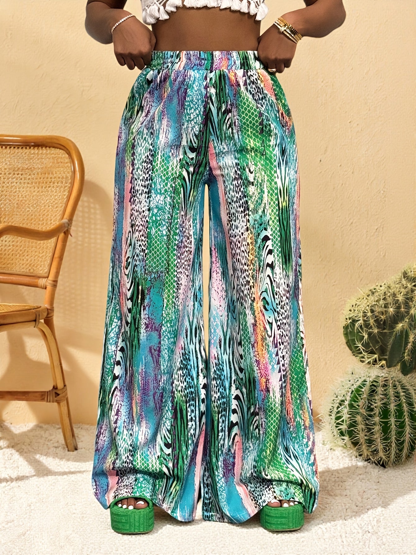 Women'S Vibrant Floral Print Wide-Leg Pants - High-Waisted, Loose Fit, Lightweight & Breathable for Spring/Summer Vacation Style, Casual Beachwear, Vacation Clothing | Vibrant Print Pants | Lightweight Fabric, Elegant Pants F