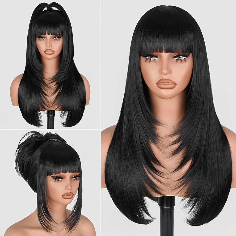 Long Straight Layered Wig with Bangs Glueless Natural Black Synthetic Bangs Wig 26 Inch Put On and Go Wigs High Temperature Fiber Pixie Cut Layered Wig for Women Daily Use