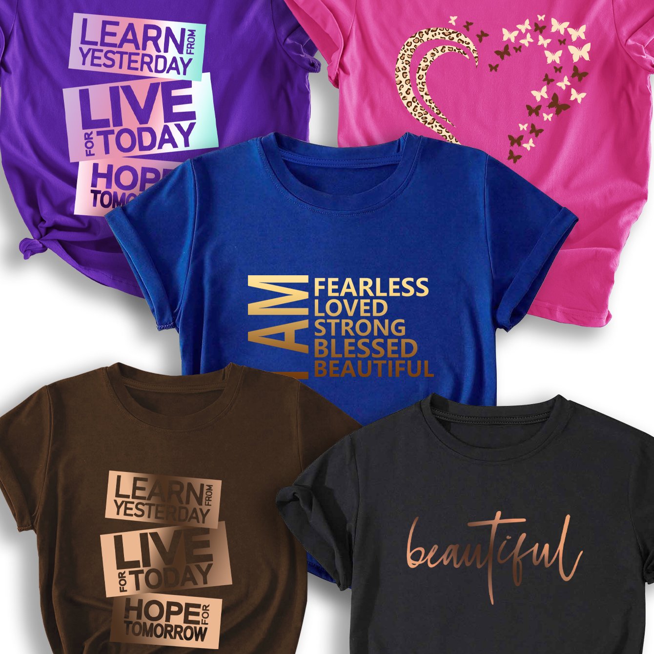 5pcs Women'S Casual Crew Neck T-Shirts - Short Sleeve, Polyester, All-Season, Round Neck, Short Sleeve Tee | Inspirational Print Tee | Comfortable Fit Tee