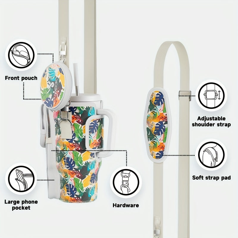 Meoky Water Bottle Carrier Bag With Phone Pocket For 40 Oz Tumbler With Handle, Neoprene Water Bottle Holder Pouch With Adjustable Strap, 2 Carabiner Clips