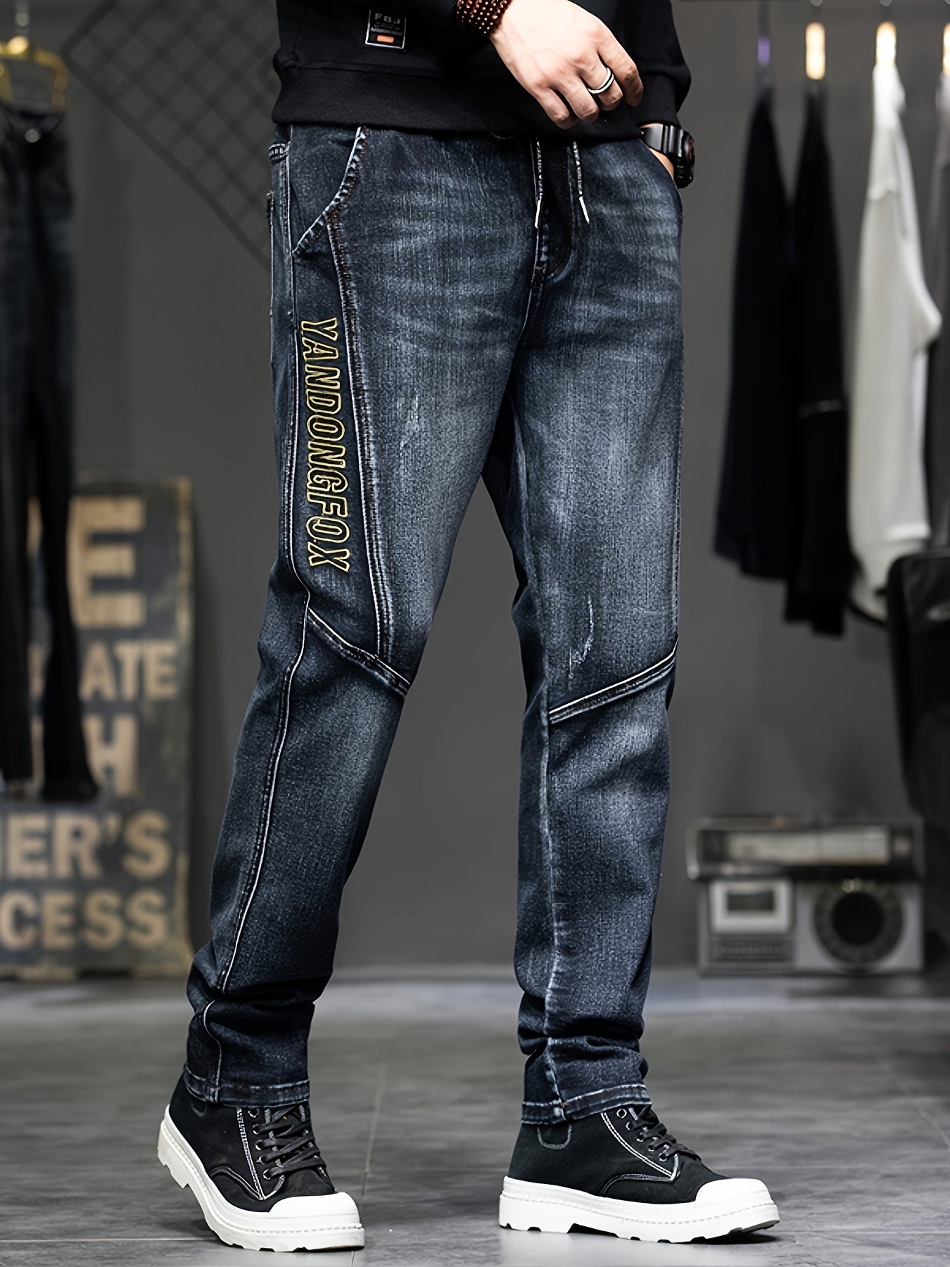 Men'S Slim-Fit Embroidered Denim Jeans with Adjustable Drawstring Waist - Stretch Straight-Leg Pants for Fall/Winter, Casual Casual Attire, Light Blue Washed Design, Comfortable Fashion, Fashionable Casualwear, Durable Fabric