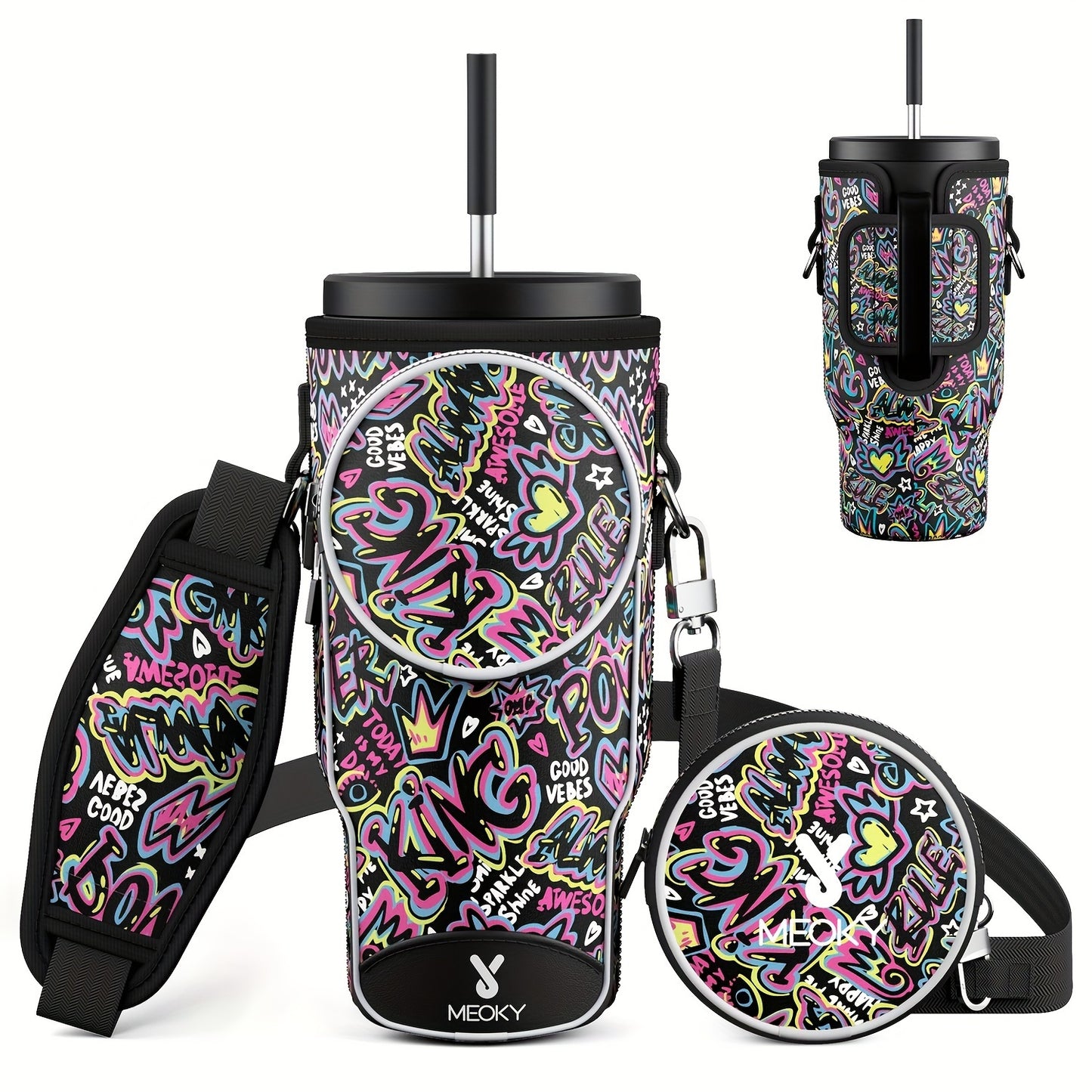 Meoky Water Bottle Carrier Bag With Phone Pocket For 40 Oz Tumbler With Handle, Neoprene Water Bottle Holder Pouch With Adjustable Strap, 2 Carabiner Clips