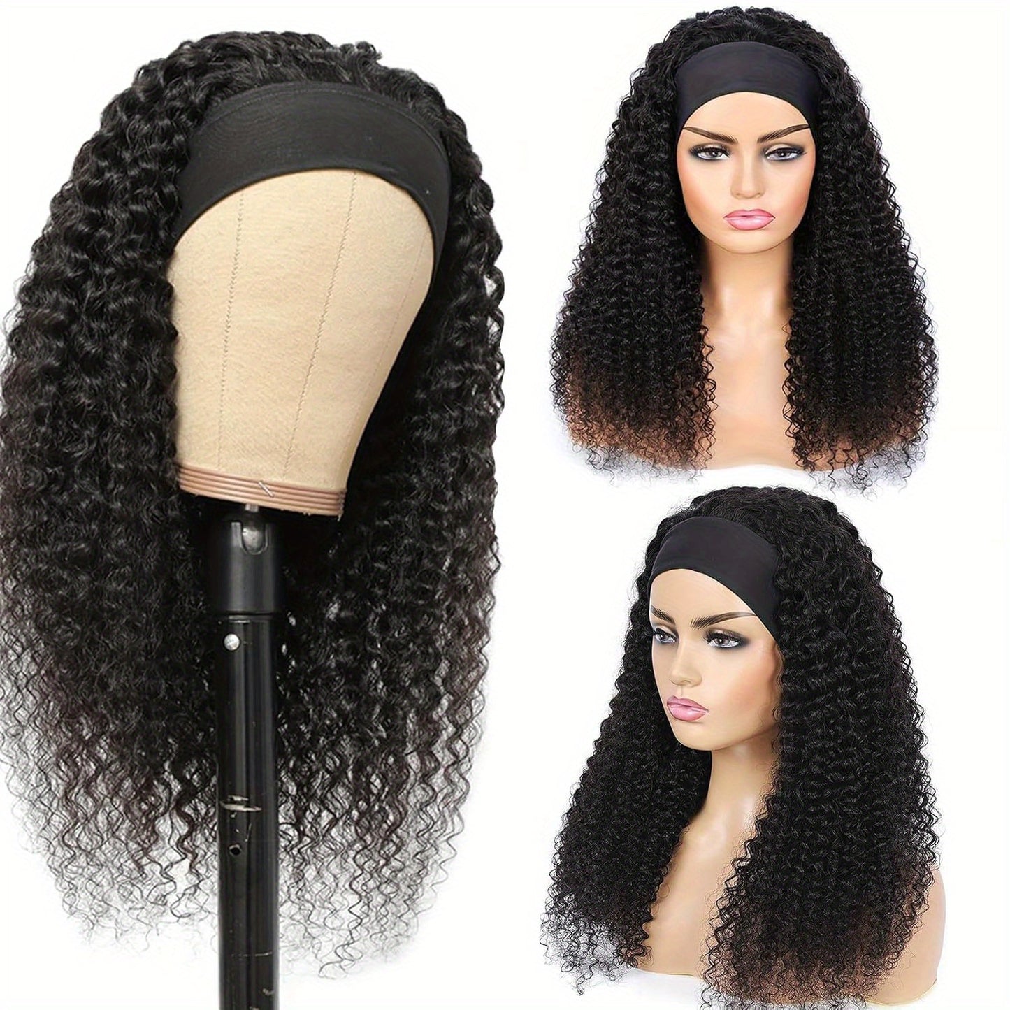 14" Jerry Curly Headband Wig - 100% Human Hair, Glueless, Natural Black, Soft & Bouncy Curls, Easy Wear & Go with Stylish Headbands, Breathable Cap, Heat Resistant, Tangle-Free for Daily Use