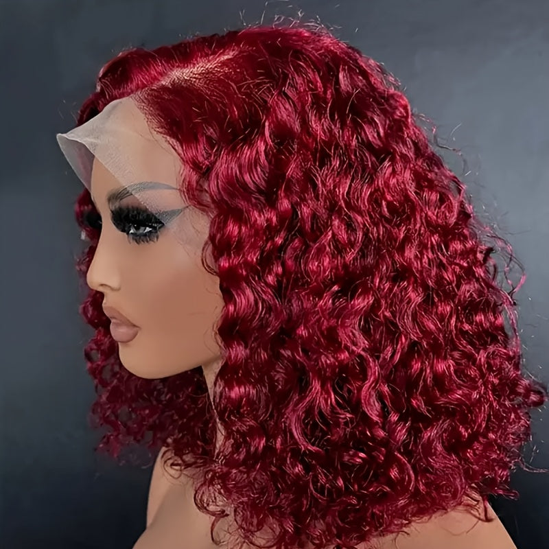 13x4 Burgundy Deep Wave Lace Front Wig - 250% Density, 100% Brazilian Virgin Human Hair, Pre-Plucked with Baby Hair, Glueless Design for Women, Wet and Wavy Look, Bye Bye Knots, Natural Red Color