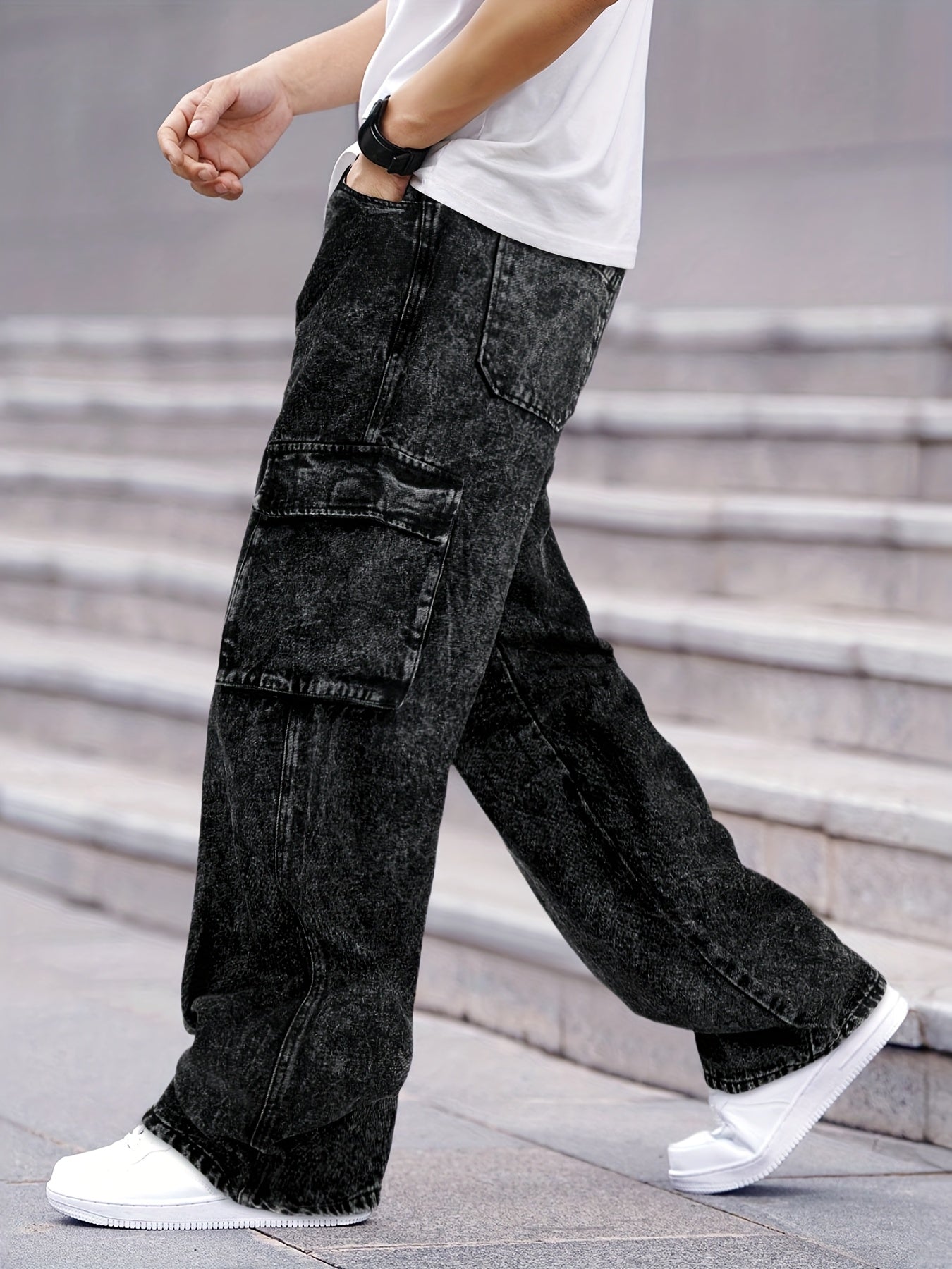 Men's Trendy Street Fashion Big Pocket Black Workwear Jeans