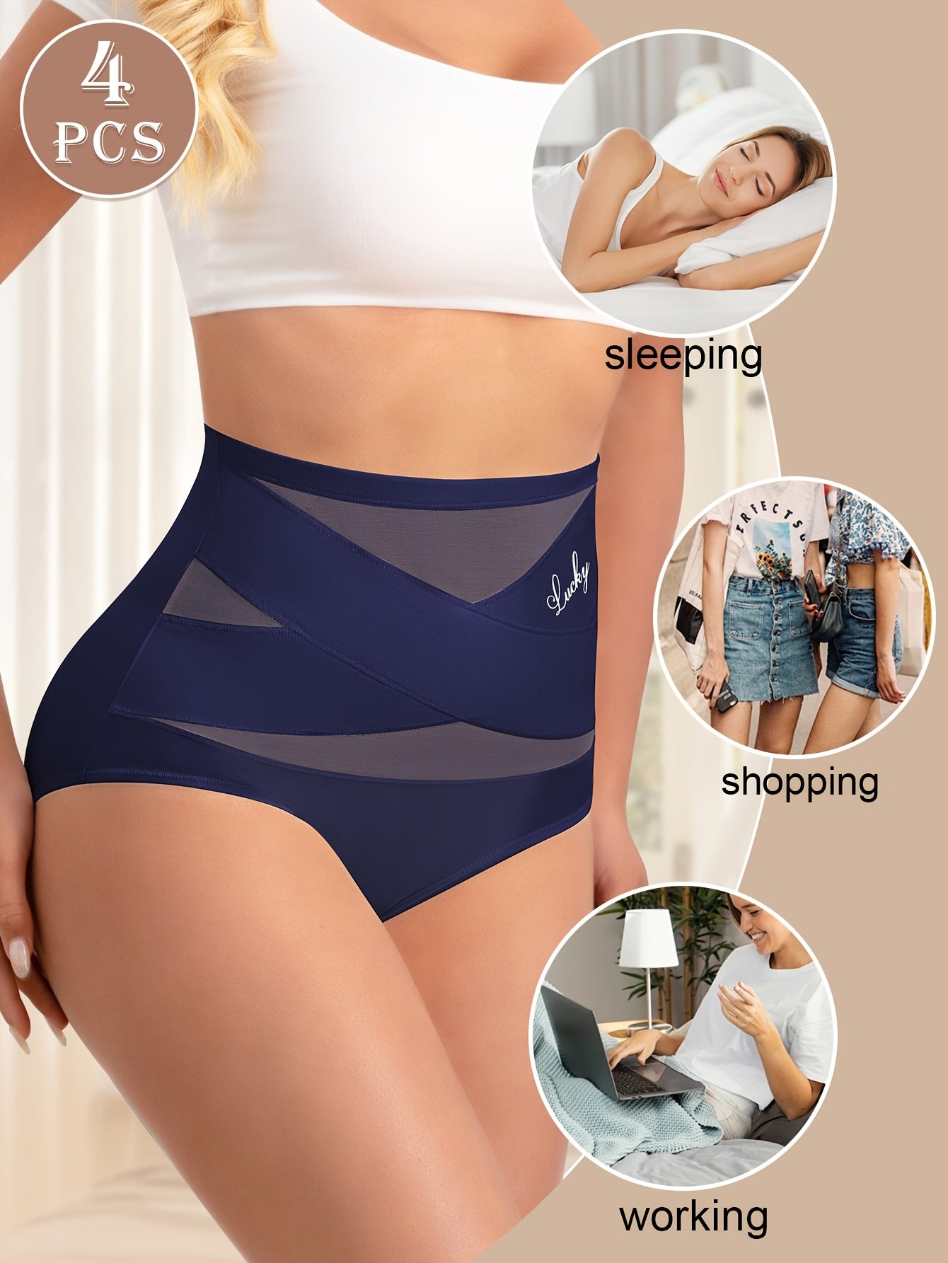 [Tummy Control Briefs] MEIYATING 4pcs Women's High-Waist Briefs | Tummy Control, Breathable Mesh, Soft Polyester, Elegant Solid Color - Hand Wash Only, Everyday Comfort, Crossover Front Design, Seamless Construction