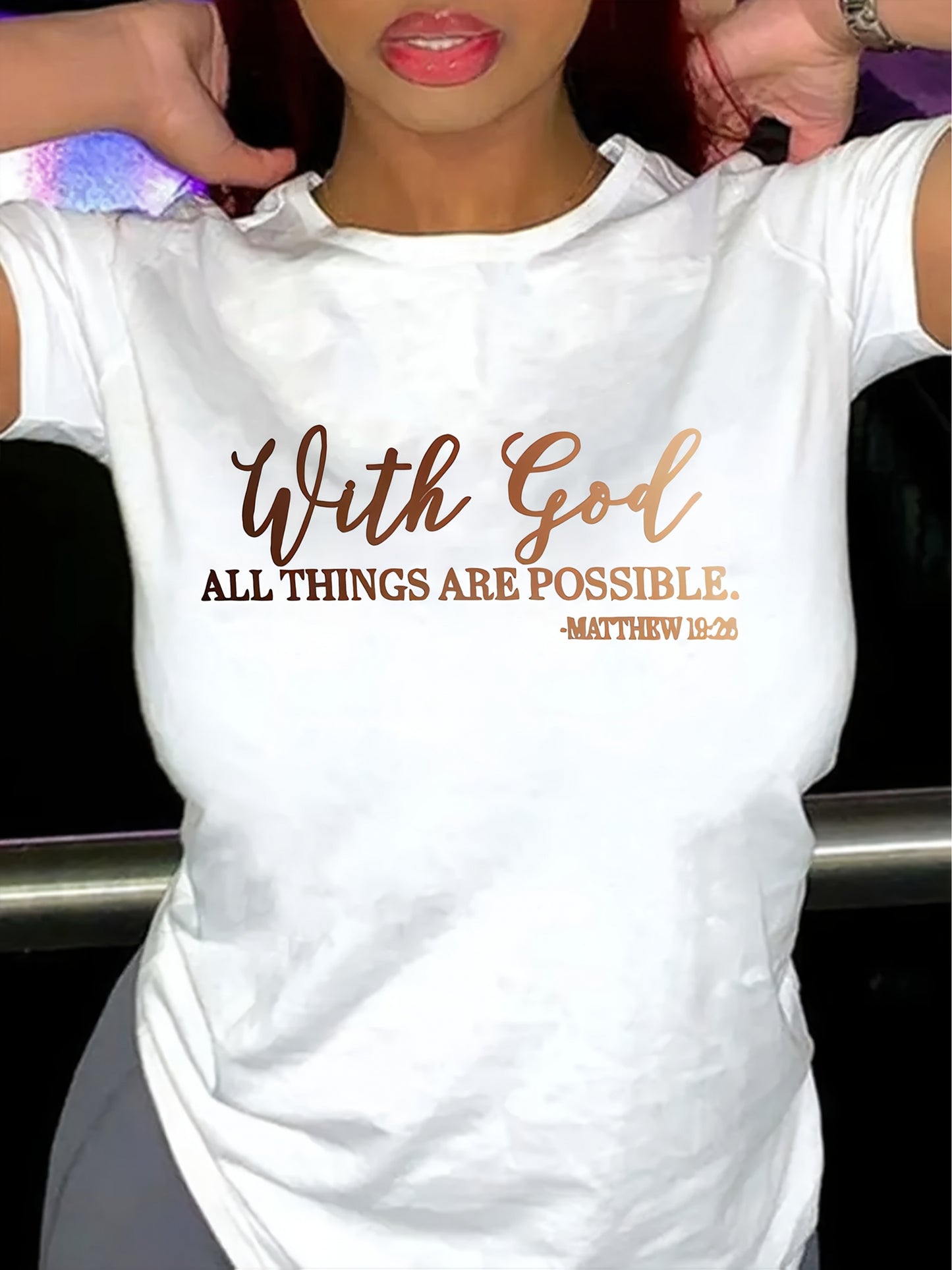 [Soft Christian Faith T-Shirt] Women's Soft Everyday Christian Faith T-Shirt | 'With God Everything is Possible' Bible Verse (Matthew 26:4) | Light Blue Casual Top for Church, Everyday Outfits | Machine Washable, Durable, Com