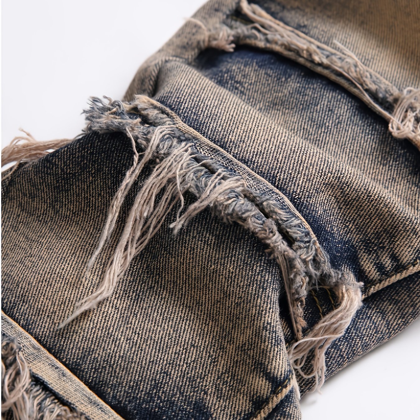 HME Men's Heavy Washed Vintage Blue Jeans - 3D Fringe Hem & Tassel Details, Mid-Rise Stretch Slim-Fit Straight Leg with Inner Lining, All-Season Streetwear Denim Pants (Machine Washable)