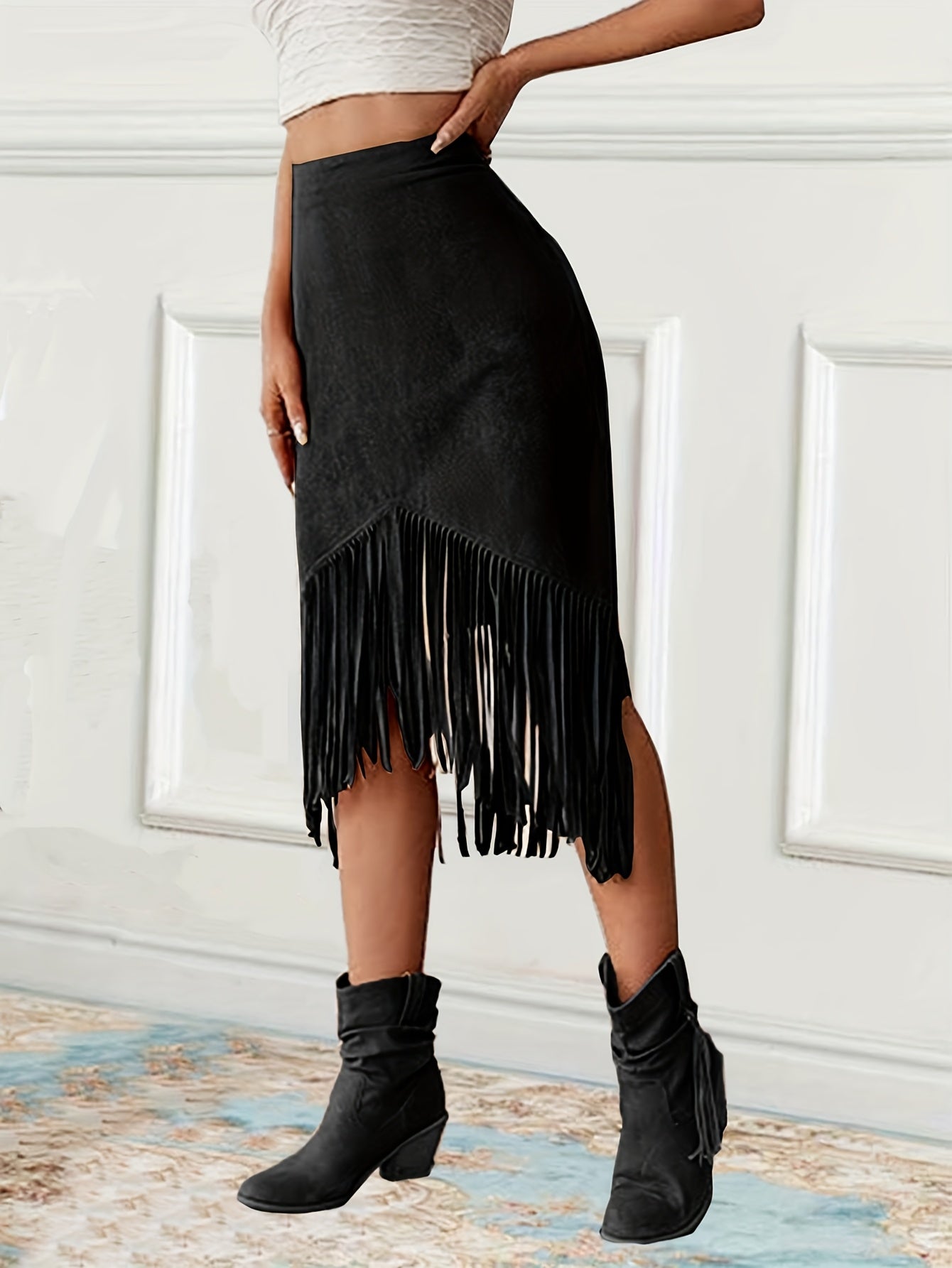 Women'S Vintage Western-Style Fringed Mid-Length Skirt