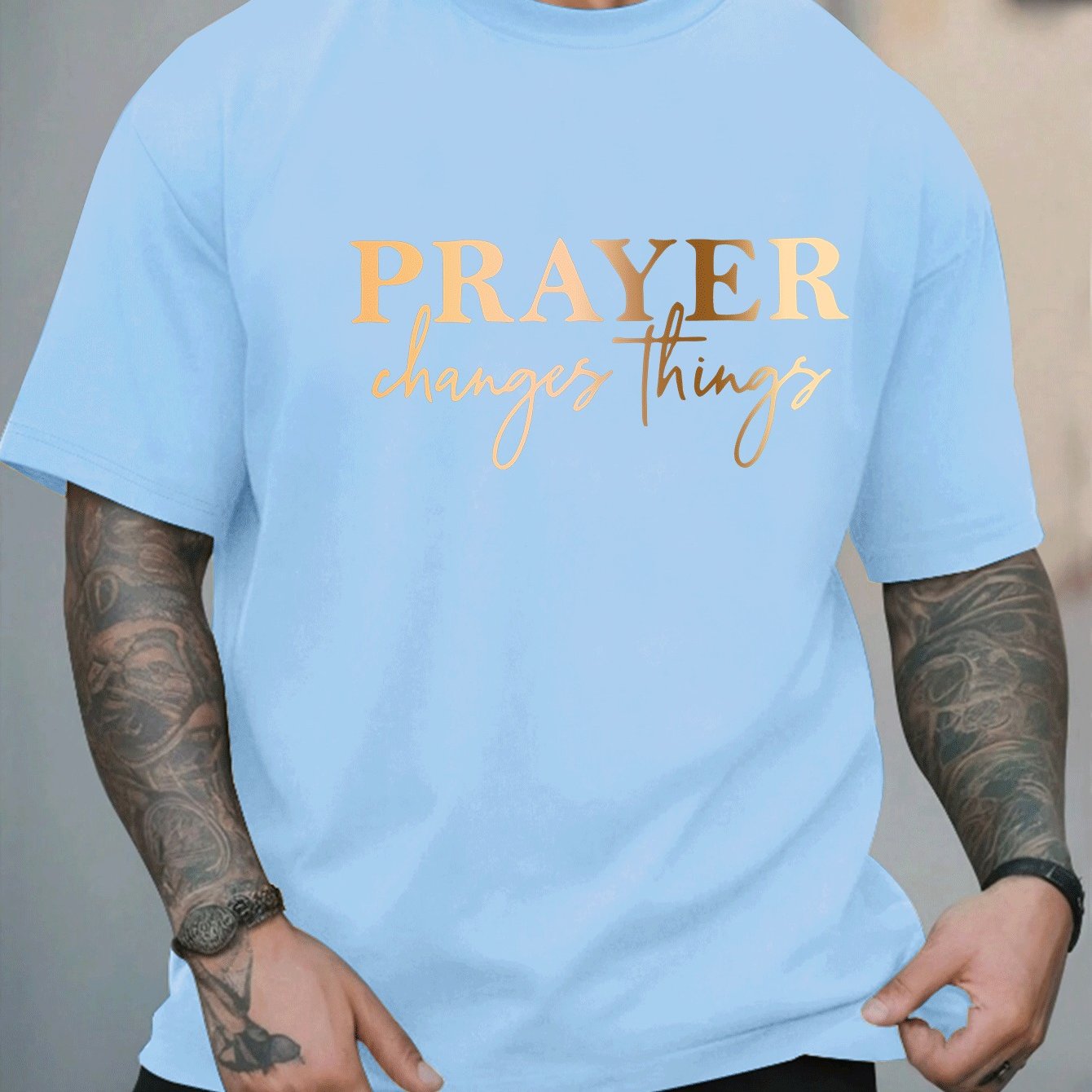 [Summer Fashion, Prayer Quote T-Shirt] Plus Size Men's Casual T-Shirt - "Prayer Changes Things" Quote, Geometric Pattern, Round Neck, Short Sleeve, Summer Fashion - Polyester Knit Fabric Top