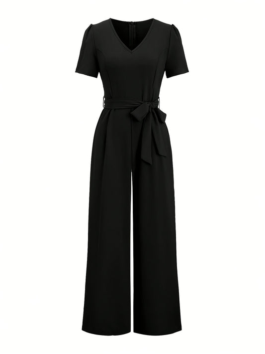 Women's Summer Casual Chic Square Neck Jumpsuit - Short Sleeve Wide-Leg Pants, Slim Fit Solid Color Machine Washable Outfit for Casual & Formal Occasions