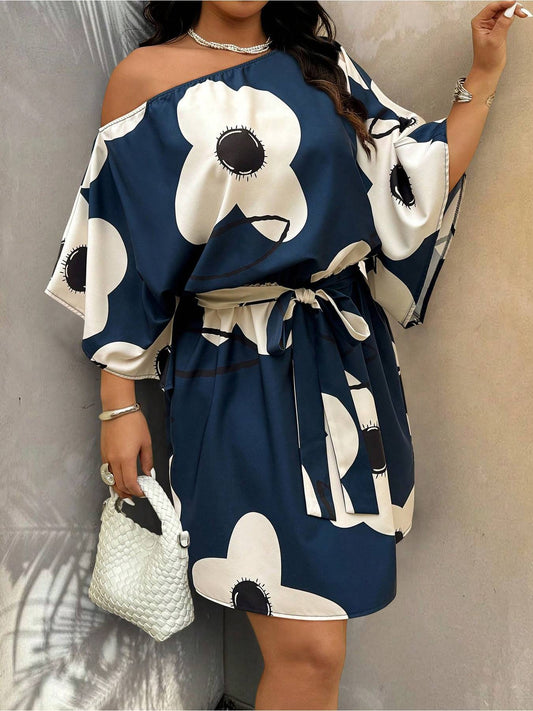 [Elegant Floral Dress] Elegant Women's Navy Blue Floral Print One-Shoulder/Off-the-Shoulder Dress | Belted Waist, Non-Stretchy Fabric for Parties, Formal Events, Beach Vacations - Machine Washable, Casual Dresses for Vacation