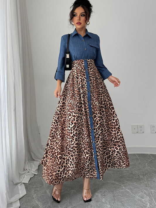 Elegant Long-Sleeve Dress with a Leopard Print And Contrasting Colors for Autumn